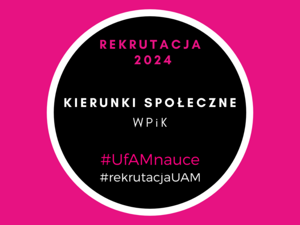 Grafika: białe i różowe napisy REKRUTACJA 2024. Kierunki Ścisłe w czarnym tle okręgu na tle magenty