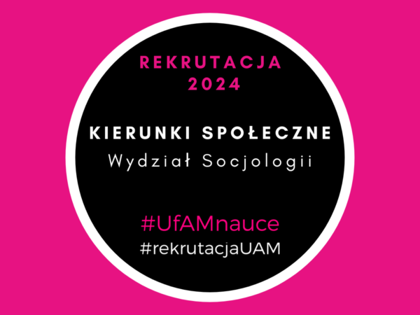 Grafika: białe i różowe napisy REKRUTACJA 2024. Kierunki Ścisłe w czarnym tle okręgu na tle magenty